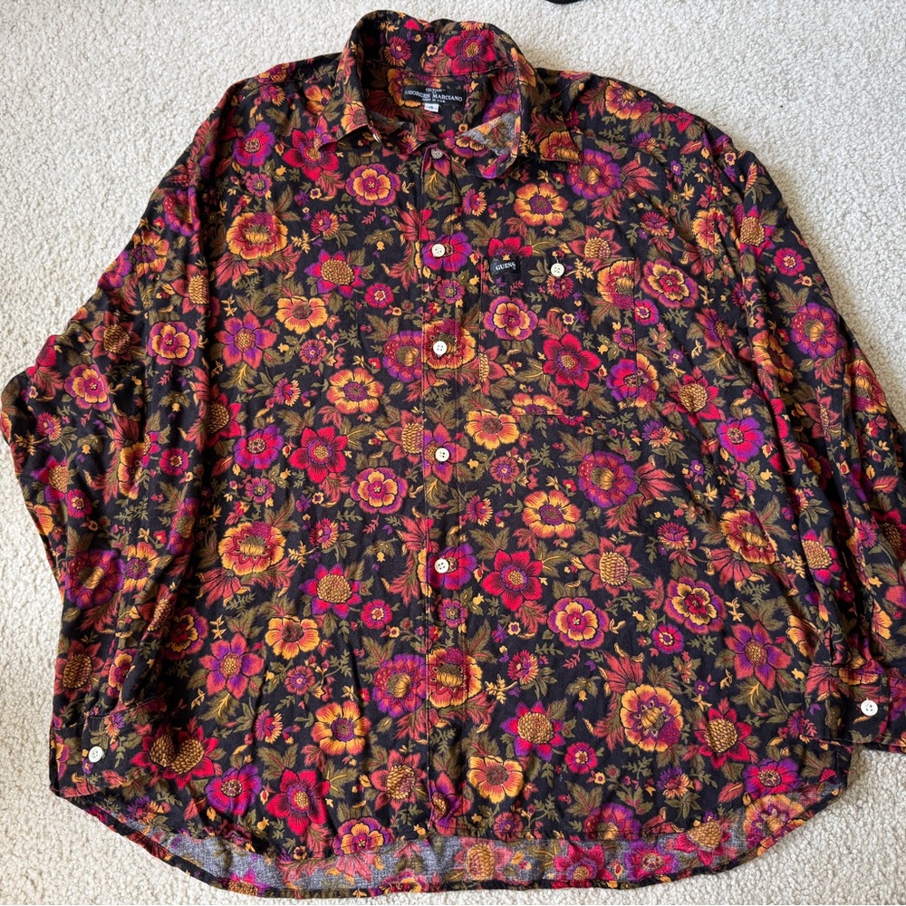 VTG Floral Psychedelic Guess by Georges Marciano Button Blouse Size 4 Small